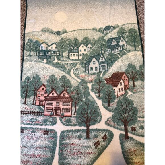 Vintage Mora Houses Trees Park Reversible Blanket Green Red seasonal 75x52” - Picture 1 of 7